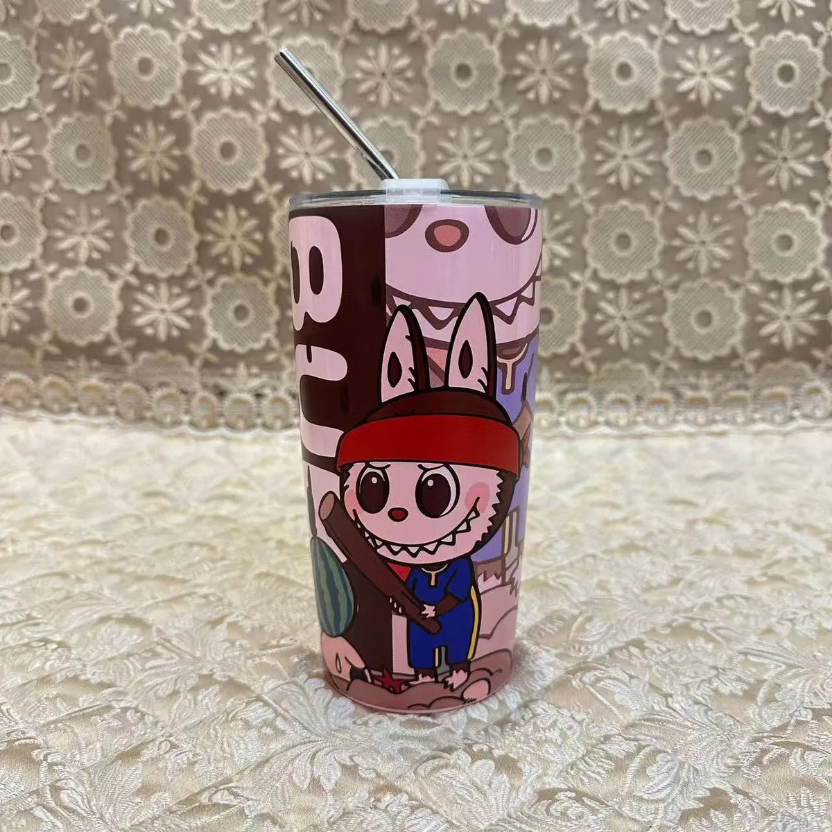 Labubu Inspired 20oz Tumbler Stainless Steel Coffee Cup 3D Print Cute Cartoon Insulated Travel Mug with Splash-Proof Lid for Ice Drinks and Hot Beverage Smoothie Cup