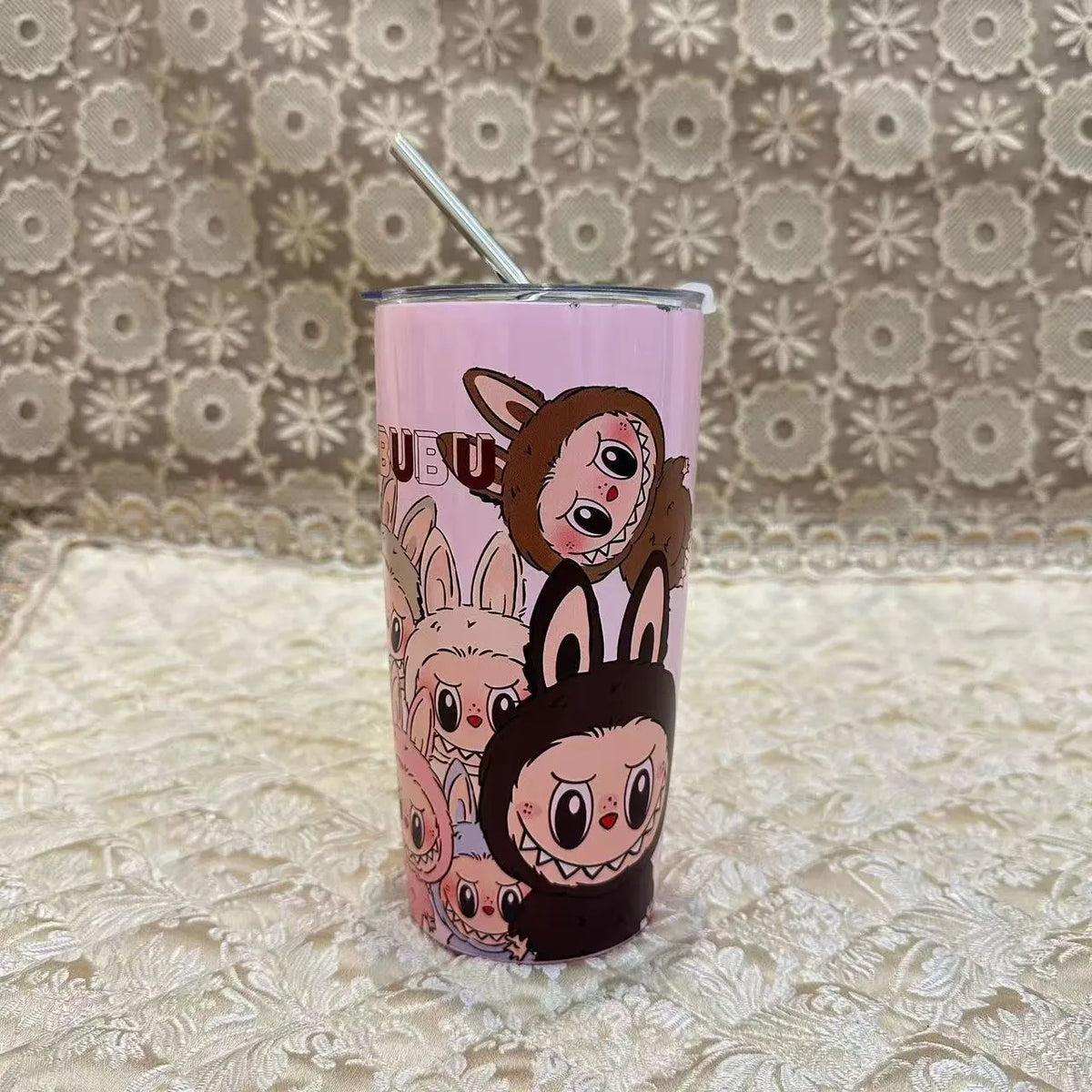 Labubu Inspired 20oz Tumbler Stainless Steel Coffee Cup 3D Print Cute Cartoon Insulated Travel Mug with Splash-Proof Lid for Ice Drinks and Hot Beverage Smoothie Cup