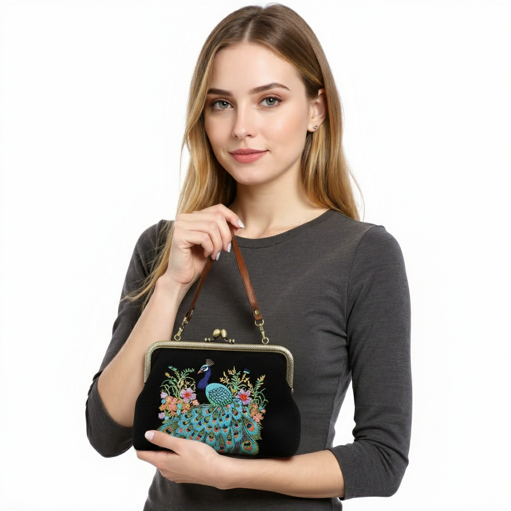COMECO INC - PEACOCK KISSLOCK BAG IN LINEN COTTON BLEND