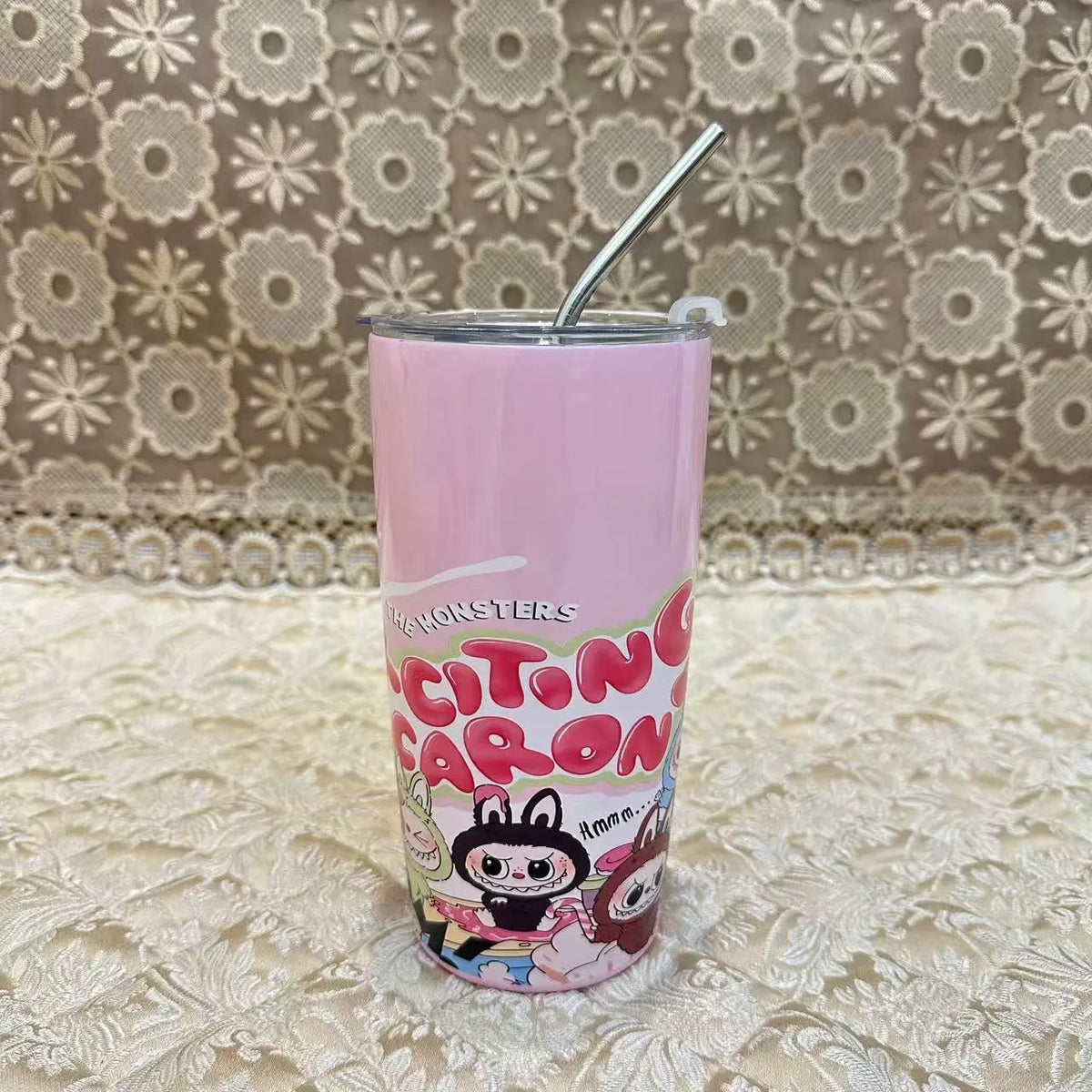 Labubu Inspired 20oz Tumbler Stainless Steel Coffee Cup 3D Print Cute Cartoon Insulated Travel Mug with Splash-Proof Lid for Ice Drinks and Hot Beverage Smoothie Cup