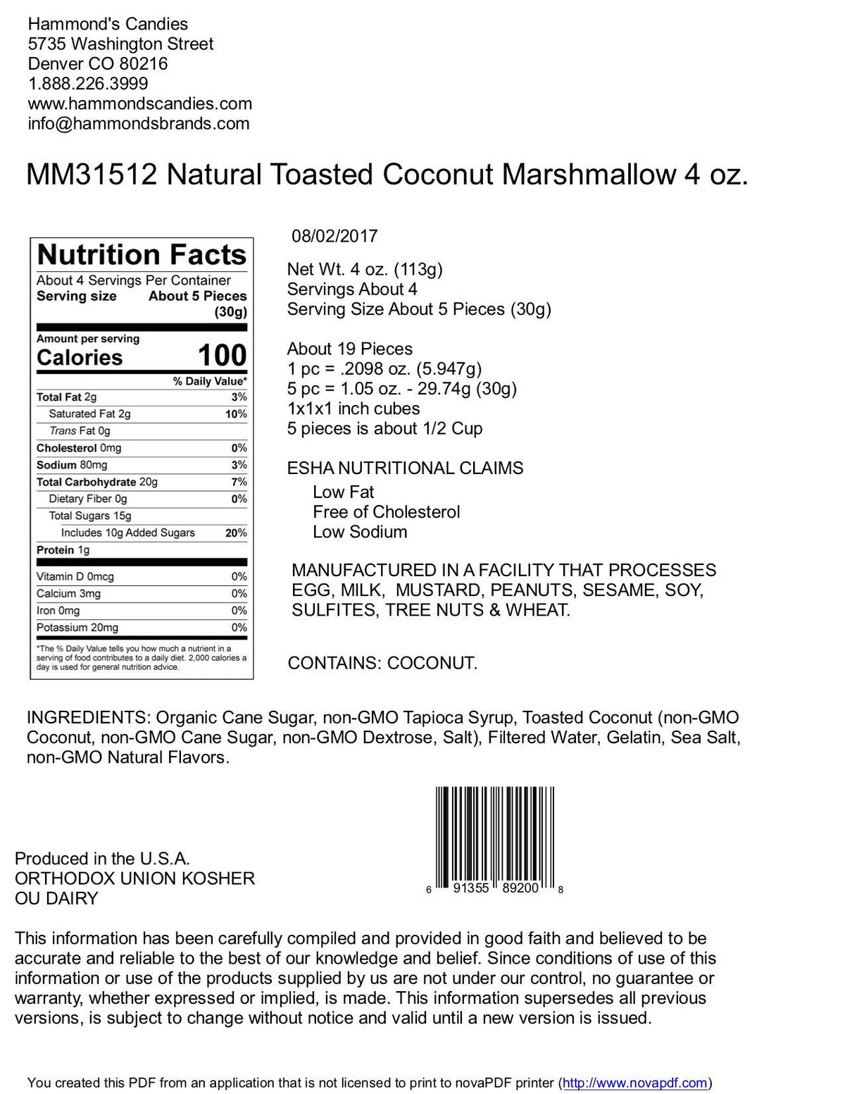 Handmade All-Natural Marshmallows - Toasted Coconut -4oz Bag