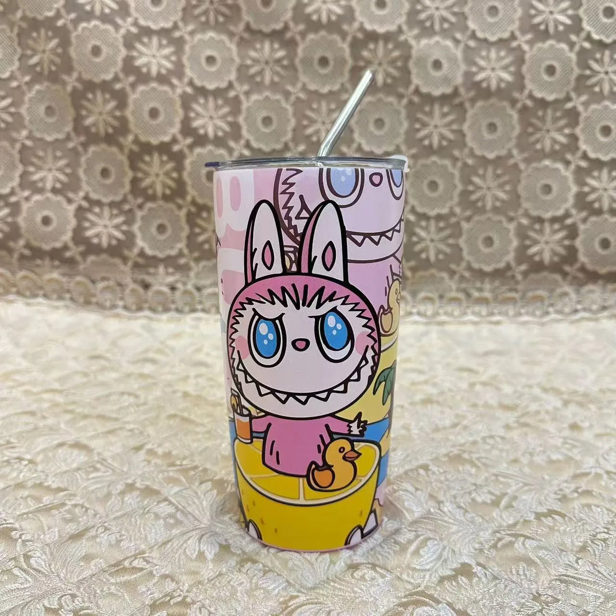 Labubu Inspired 20oz Tumbler Stainless Steel Coffee Cup 3D Print Cute Cartoon Insulated Travel Mug with Splash-Proof Lid for Ice Drinks and Hot Beverage Smoothie Cup