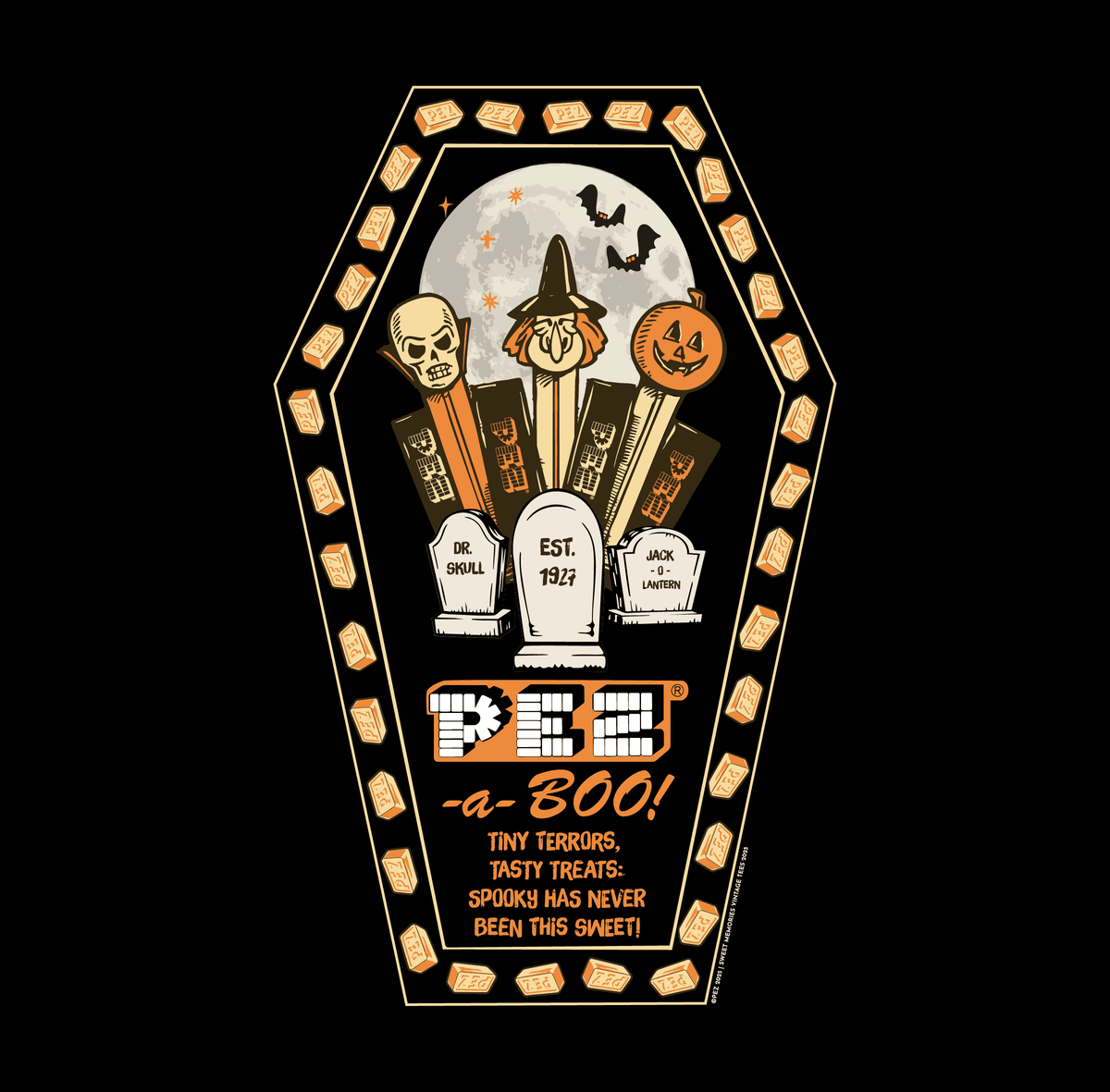 PEZ®-a-Boo! vintage Halloween graphic featuring retro PEZ® candy artwork