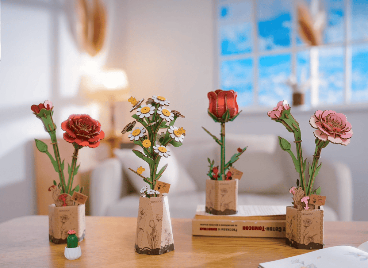 3D Wooden Flower Puzzle: Red Carnation