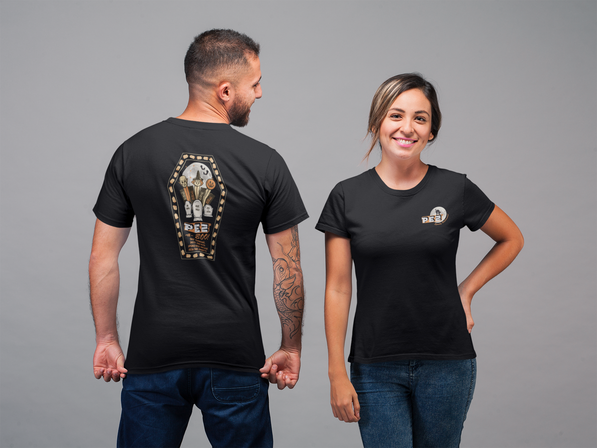 Couple wearing PEZ®-a-Boo! vintage Halloween graphic T-shirt featuring retro PEZ® candy artwork