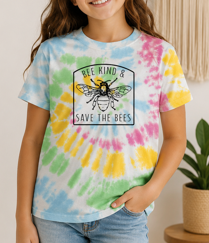 Child wearing the Bee Kind & Save the Bees Unisex Youth Tie-Dye Tee featuring a colorful bee graphic on a rainbow spiral tie-dye shirt.