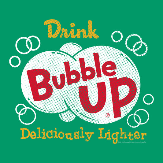 Vintage Bubble Up® Deliciously Lighter graphic featuring the classic Bubble Up soda logo with white bubbles and retro distressed lettering.