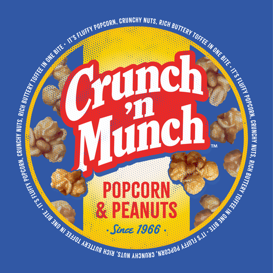 close up of crunch n munch popcorn and peanuts logo graphic