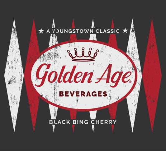 Close-up of the distressed Golden Age Black Bing Cherry vintage soda logo graphic with retro mid-century styling and Youngstown-inspired branding.