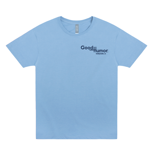 Good Humor™ Retro Man Ice Cream Front & Back Tee featuring the iconic Good Humor character, vintage ice cream truck branding, and nostalgic Youngstown, Ohio-inspired artwork.