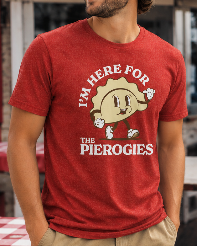 Male model wearing the red Here for the Pierogies SMVT Exclusive graphic tee.
