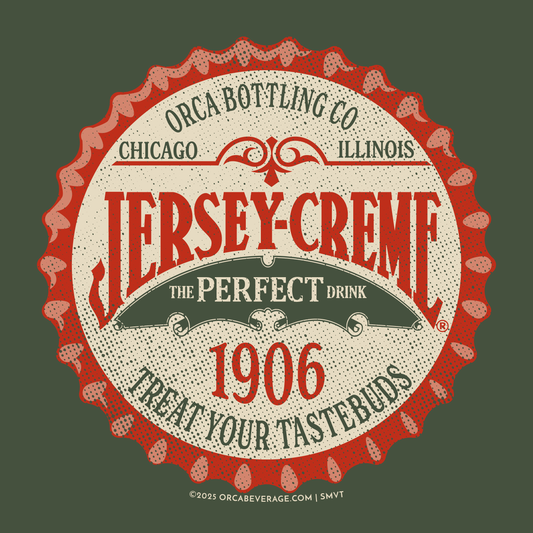 Vintage Jersey Creme® Bottle Cap graphic with 1906 branding, Chicago, Illinois, and "Treat Your Tastebuds" retro soda design