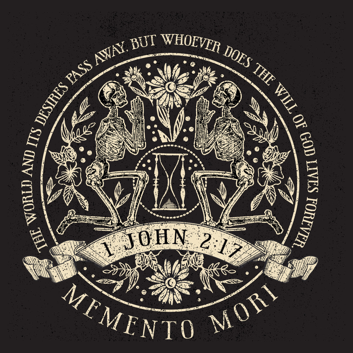 close up of memento mori floral skeleton and 1 john 2 17 graphic