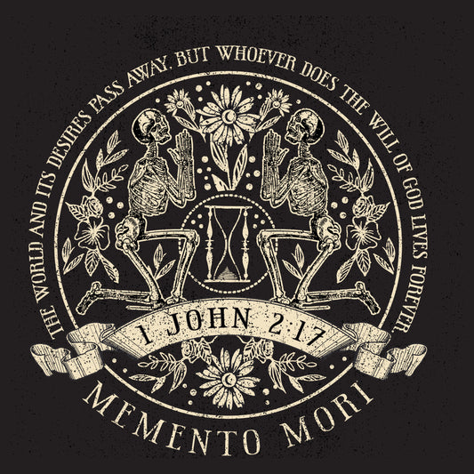 close up of memento mori floral skeleton and 1 john 2 17 graphic