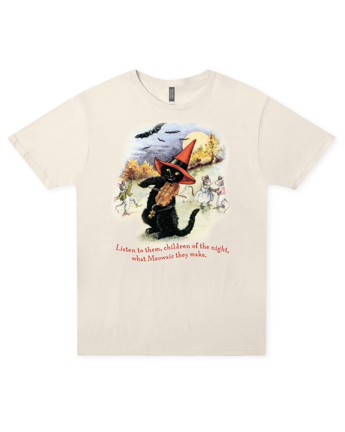 Meowsic of the Night Sweet Memories Halloween Exclusive cream graphic tee featuring a vintage black cat playing the violin