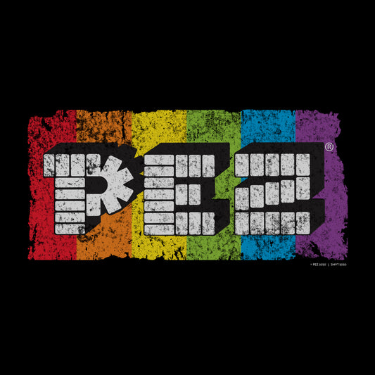 close up of pez 80s neon rainbow graphic design with vibrant retro colors