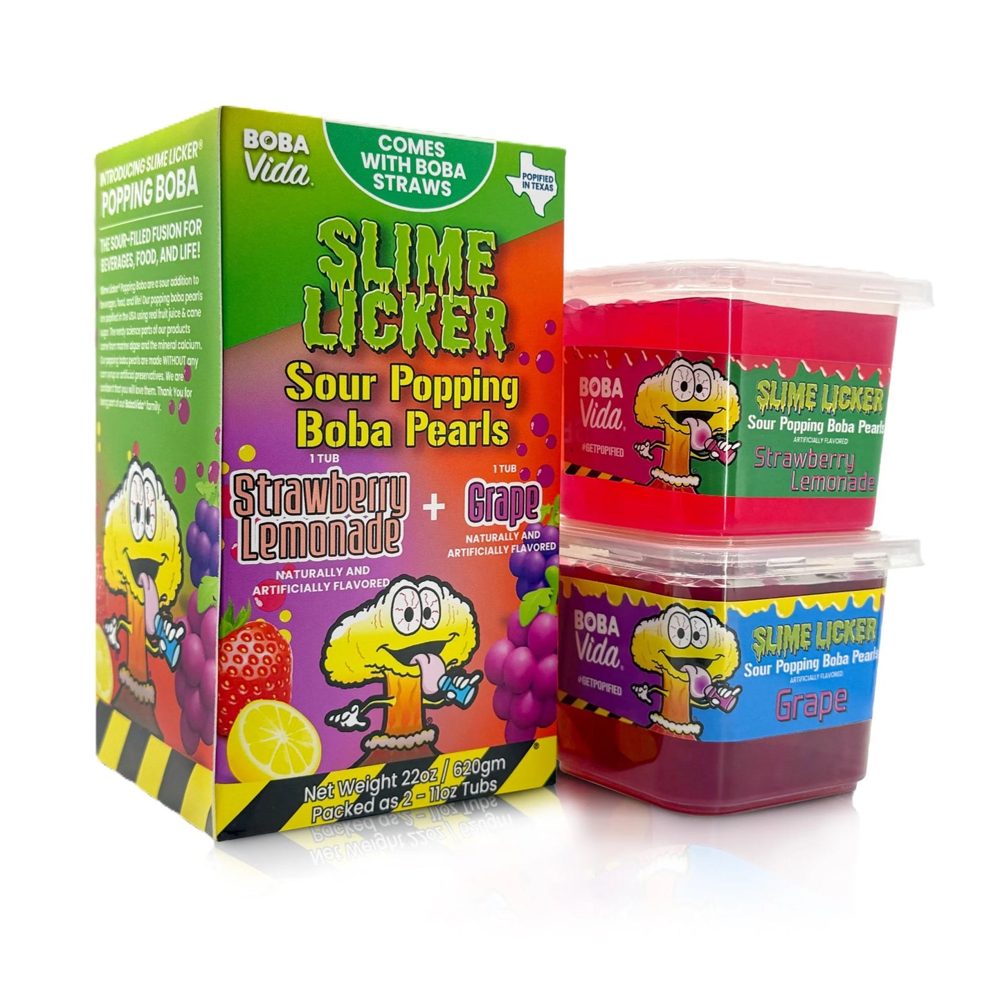 Slime Licker Sour Popping Boba Pearls 2/11oz Tubs- Straw Lem/Grape