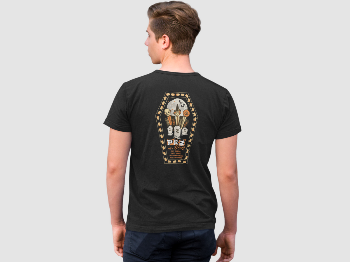 Man wearing PEZ®-a-Boo! vintage Halloween graphic T-shirt featuring retro PEZ® candy artwork