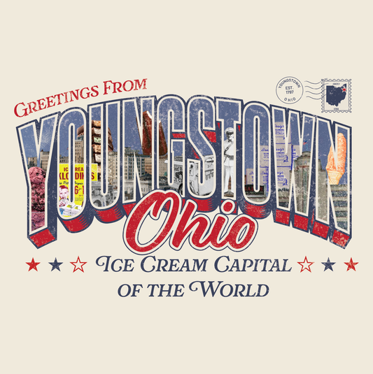 Close-up of the SMVT Exclusive "Greetings from Youngstown, Ohio" vintage postcard graphic featuring iconic local landmarks and ice cream imagery celebrating the Ice Cream Capital of the World.