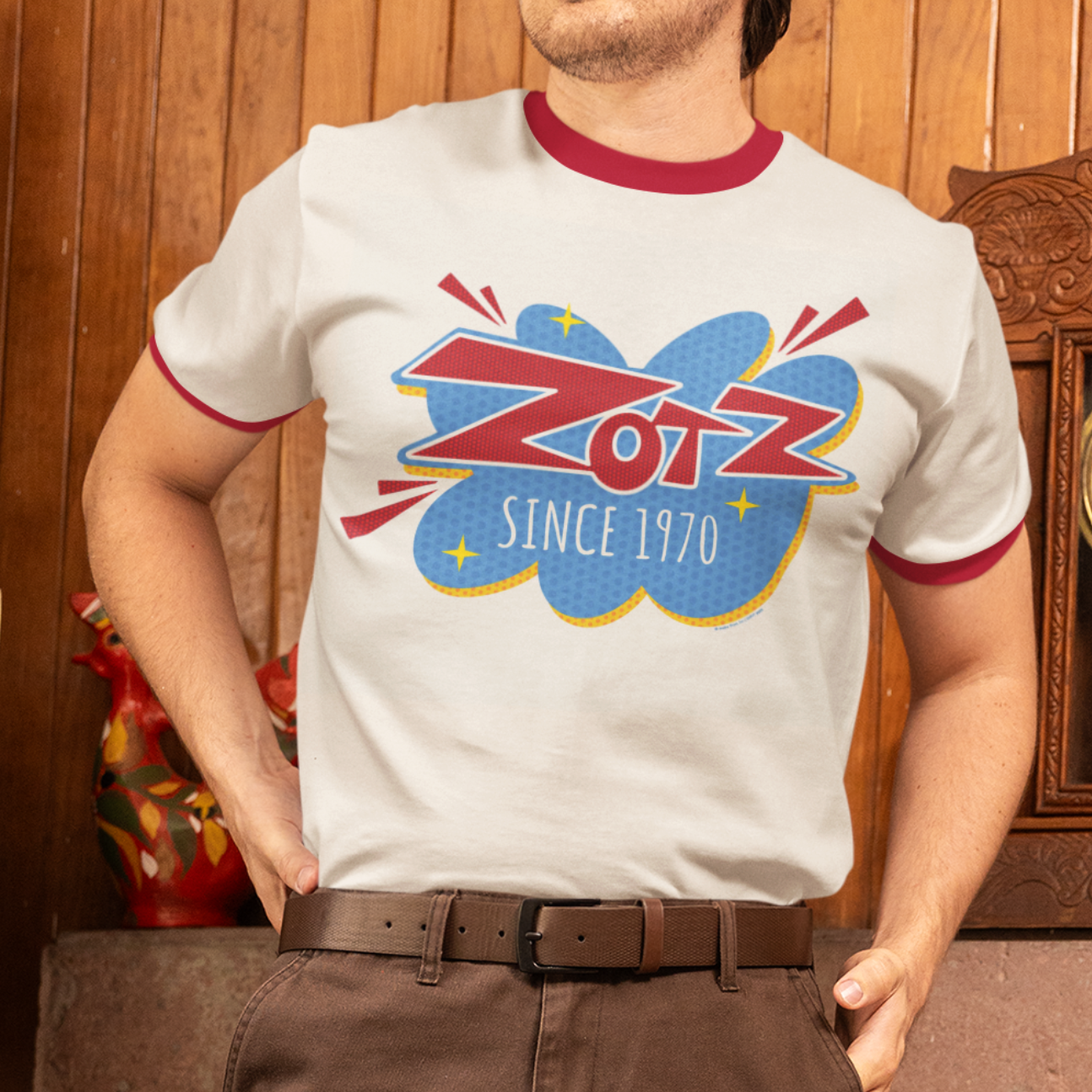 unisex zotz ringer t shirt styled casually retro candy brand outfit vintage look