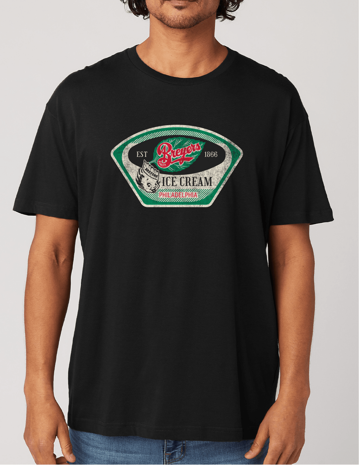 Man wearing a Breyers Ice Cream Novelty Tee showcasing retro ice cream branding and nostalgic vintage-inspired graphics.