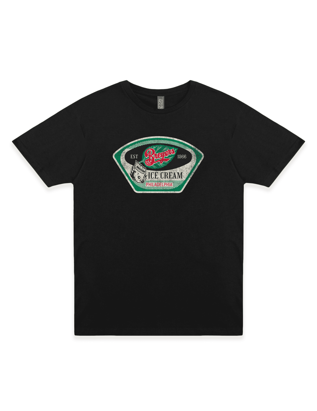 Breyers Ice Cream Novelty Tee on a black unisex t-shirt featuring vintage Breyers Ice Cream Philadelphia artwork and distressed retro graphics