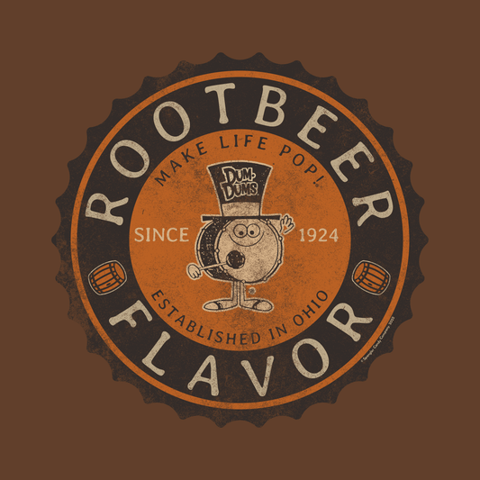 close up of dum dums root beer flavor lollipop vintage candy graphic