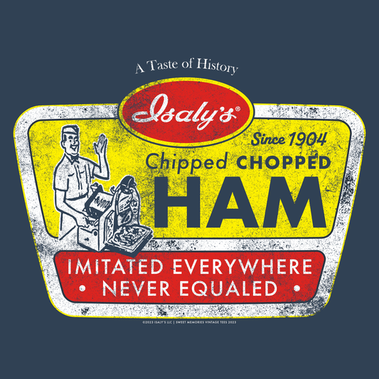 close up of isalys chipped chopped ham vintage logo graphic