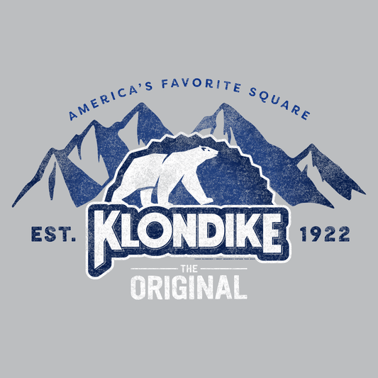 Klondike® The Original Since 1922 vintage graphic featuring the classic polar bear logo, mountain backdrop, distressed blue lettering, and America's Favorite Square slogan.