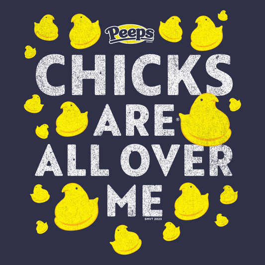 Officially licensed PEEPS® Chicks Are All Over Me graphic featuring colorful Marshmallow Chicks in a fun, playful design.