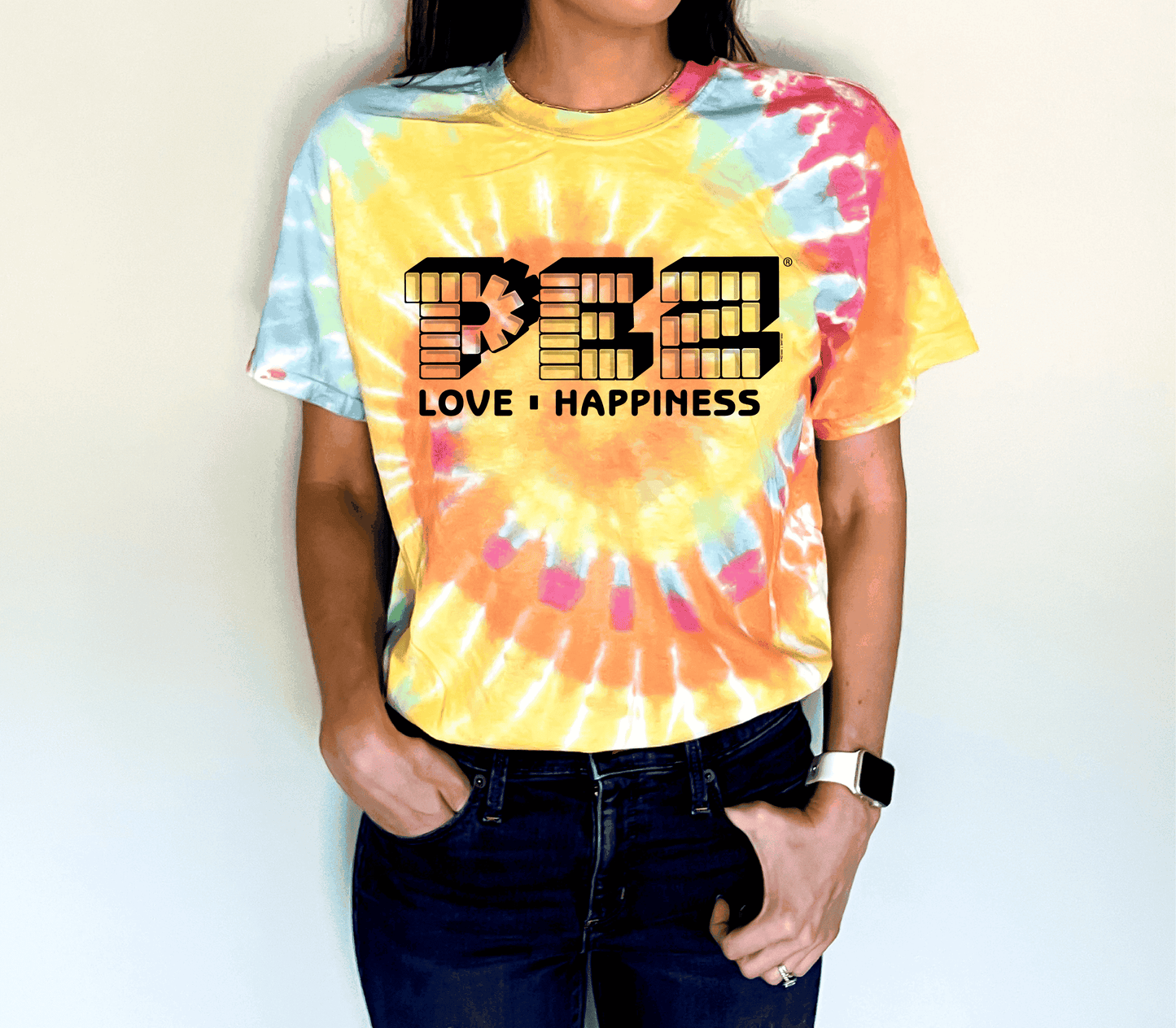 unisex pez love and happiness tie dye shirt styled casually colorful retro candy lover outfit