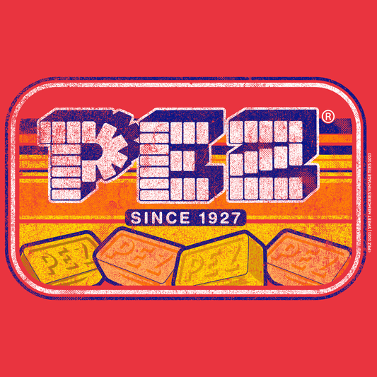 close up of pez since 1927 vintage candy logo graphic