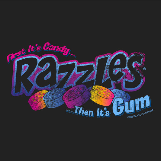 close up of razzles retro logo graphic featuring first its candy then its gum slogan