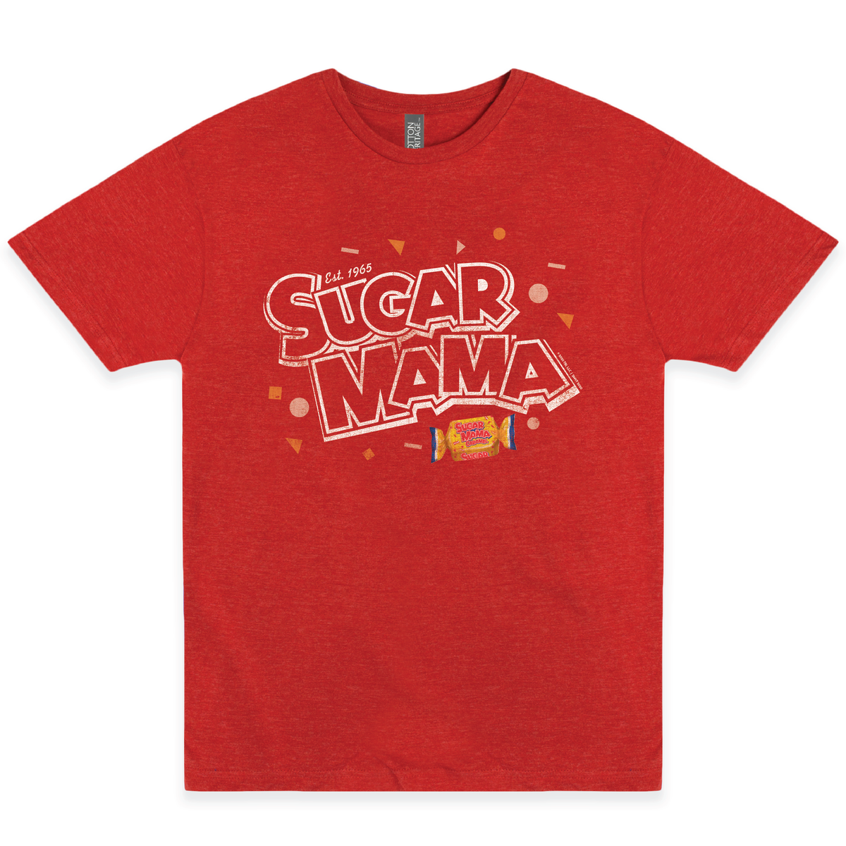 Sugar Mama Who's Your Mama? Tee featuring a retro candy-inspired graphic on a unisex shirt. Officially licensed nostalgic candy apparel for candy lovers and vintage fashion fans.