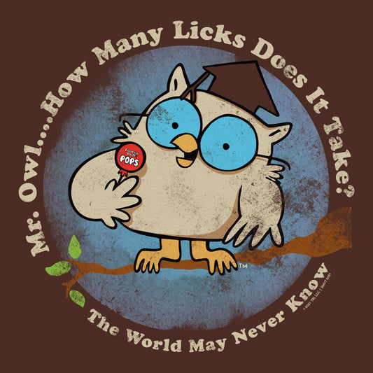 Vintage Tootsie Pop Mr. Owl graphic artwork featuring the iconic candy mascot in a distressed retro design.