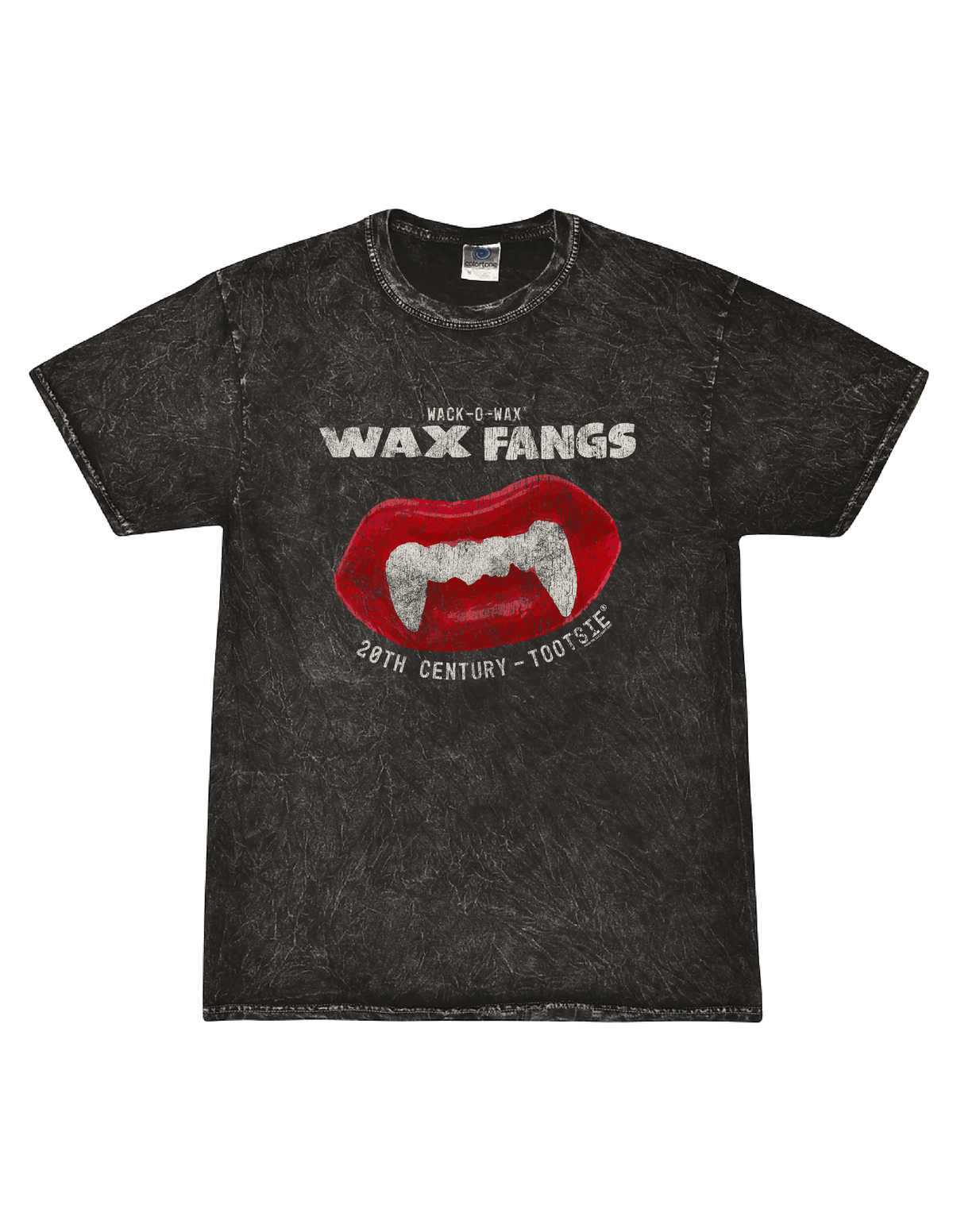 Wack-O-Wax FANGS Black Mineral Wash Tee featuring the classic wax vampire fangs candy graphic on a vintage-style mineral wash t-shirt.