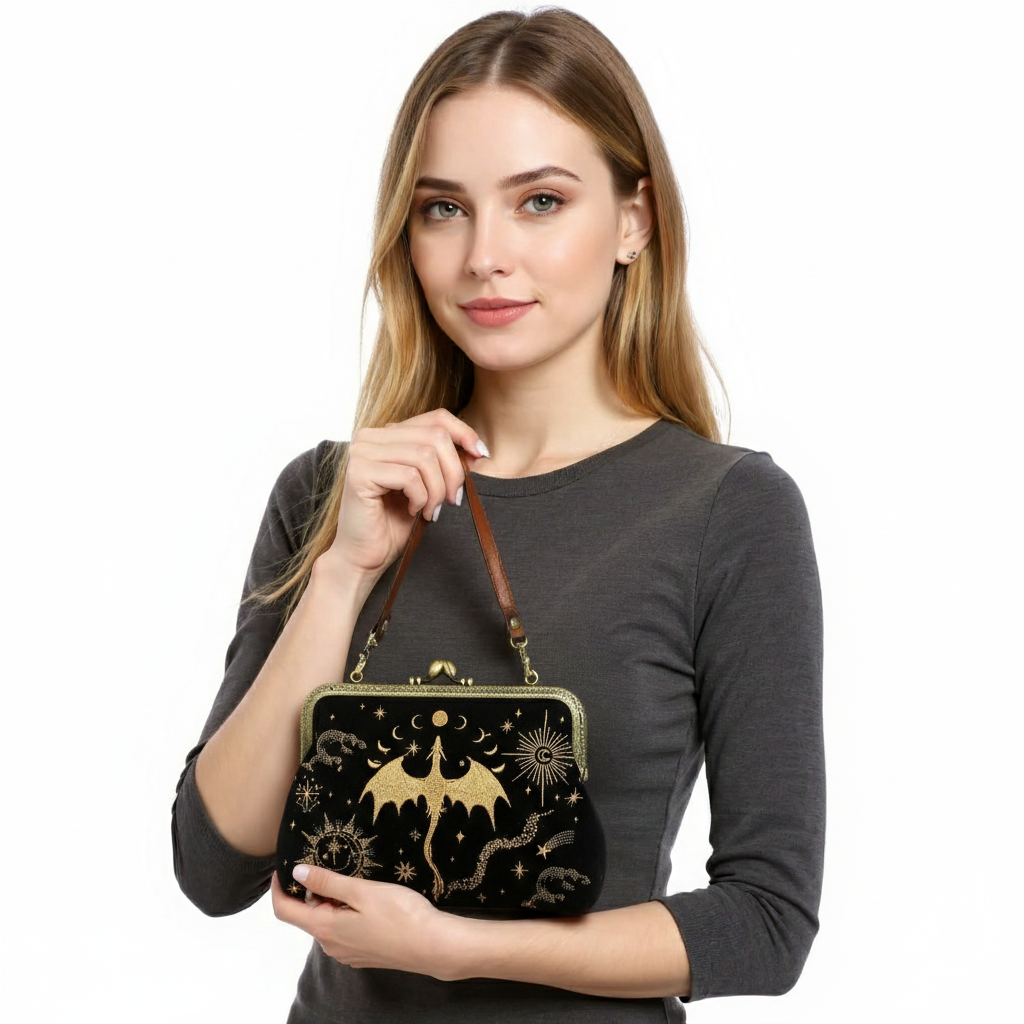 ROMANTASY DRAGON KISS LOCK BAG IN LINEN COTTON BLEND