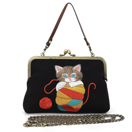 COMECO INC - Cat In Yarn Kisslock Bag in Linen Blend Material