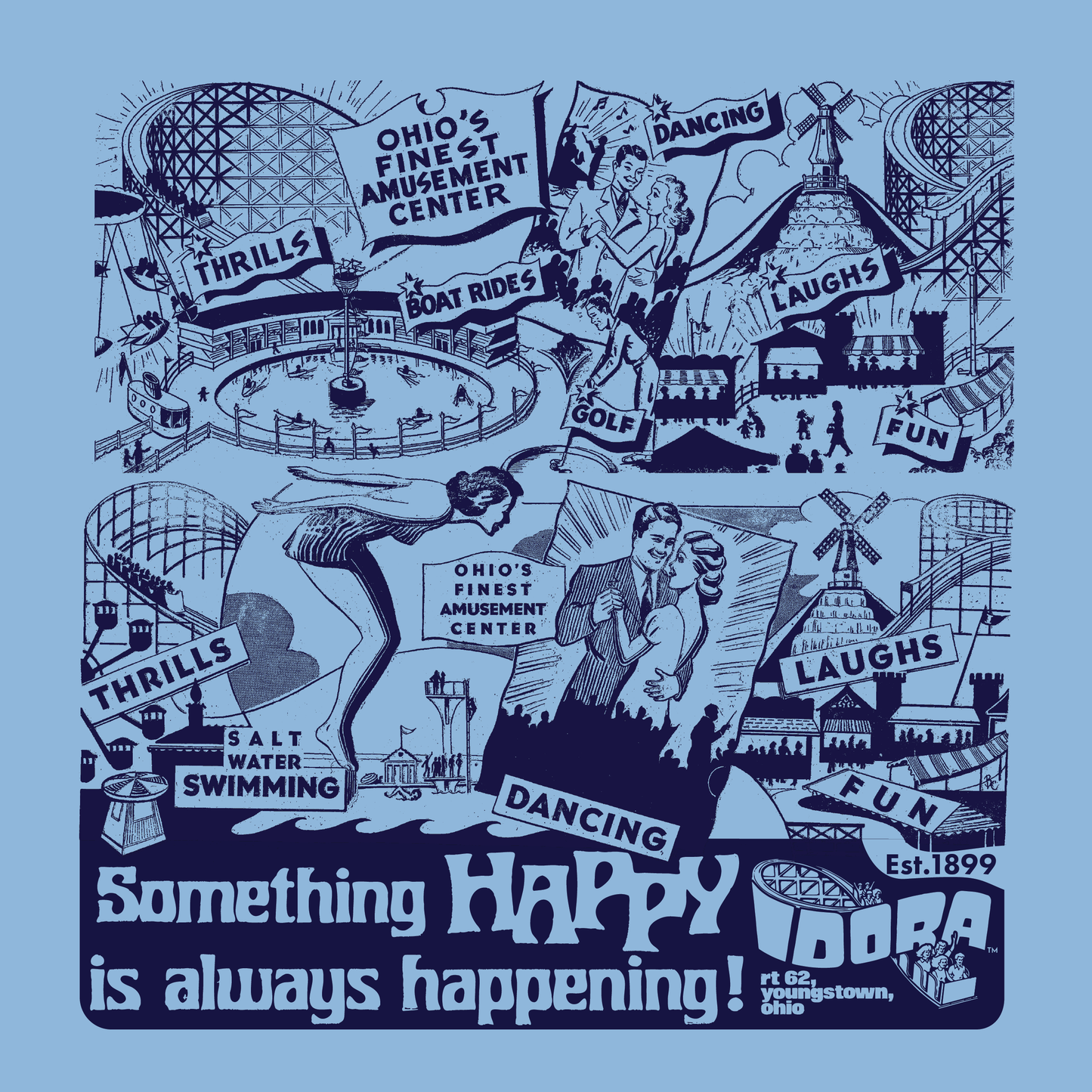 Idora Park 1930s Original Printer Block • Youngstown, OH Tee - Limited Edition Light Blue Tee