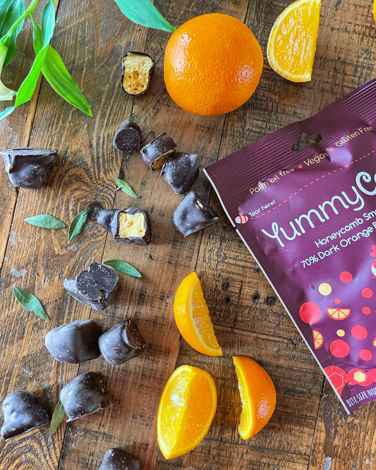 70% Dark Orange Belgian Chocolate Honeycomb pouches 100g