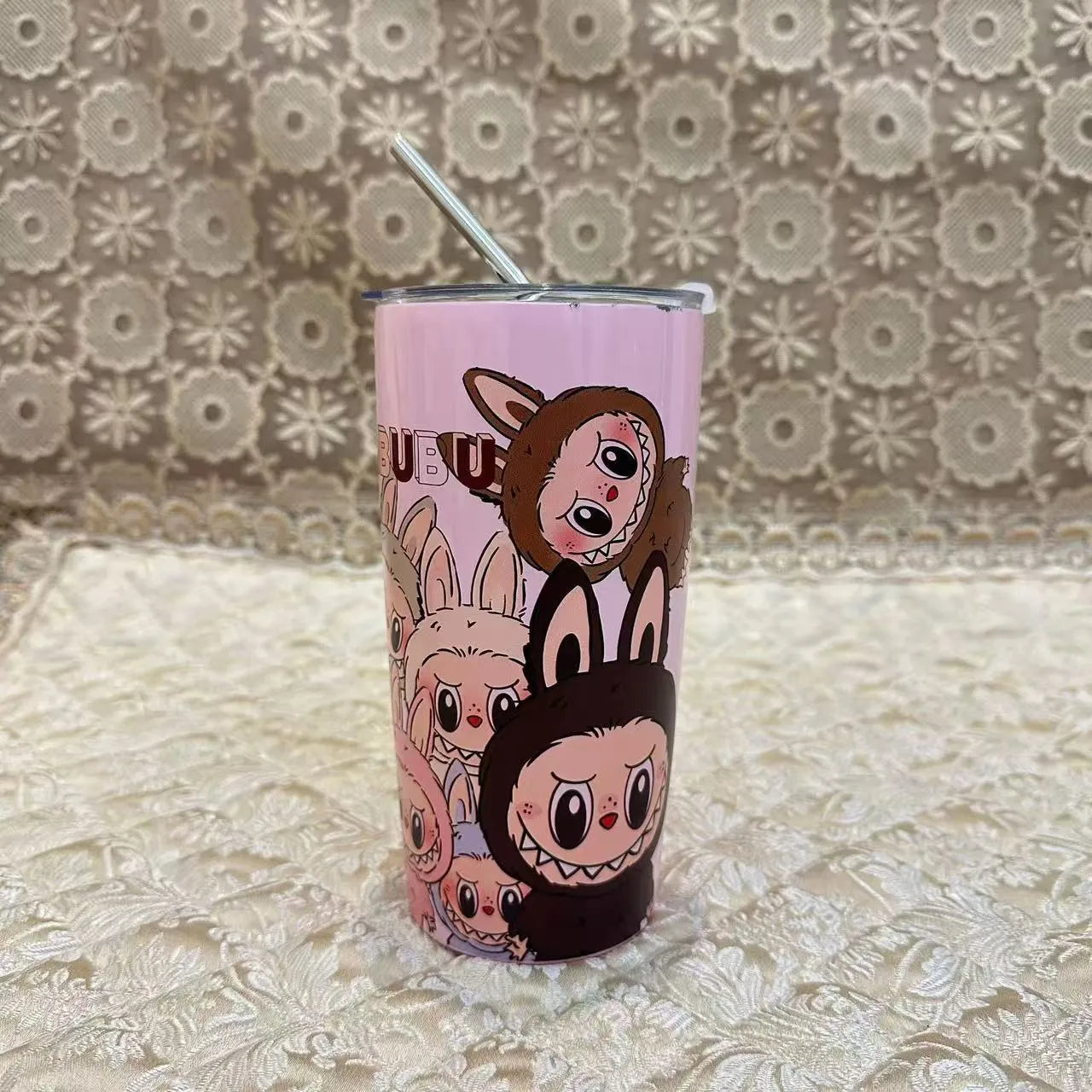 Labubu Inspired 20oz Tumbler Stainless Steel Coffee Cup 3D Print Cute Cartoon Insulated Travel Mug with Splash-Proof Lid for Ice Drinks and Hot Beverage Smoothie Cup