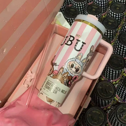 Labubu Replica Stanley 40oz Tumbler Stainless Steel Insulated Coffee Cup 3D Print Cute Cartoon Insulated Travel Mug with Splash-Proof Lid for Ice Drinks and Hot Beverage Smoothie Cup (Copy)