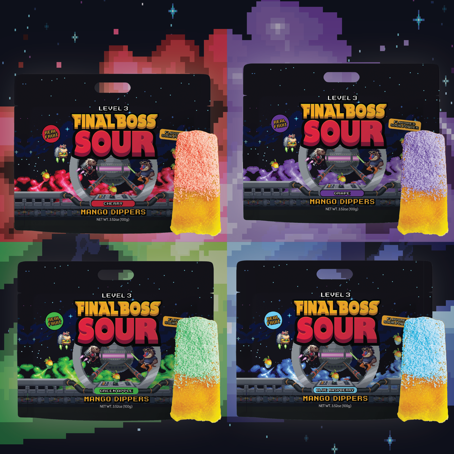 Final Boss Sour - Mango Dippers 1-Pack (Blue Razz, Green Apple, Grape, Cherry)