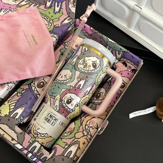 Labubu Replica Stanley 40oz Tumbler Stainless Steel Insulated Coffee Cup 3D Print Cute Cartoon Insulated Travel Mug with Splash-Proof Lid for Ice Drinks and Hot Beverage Smoothie Cup (Copy)