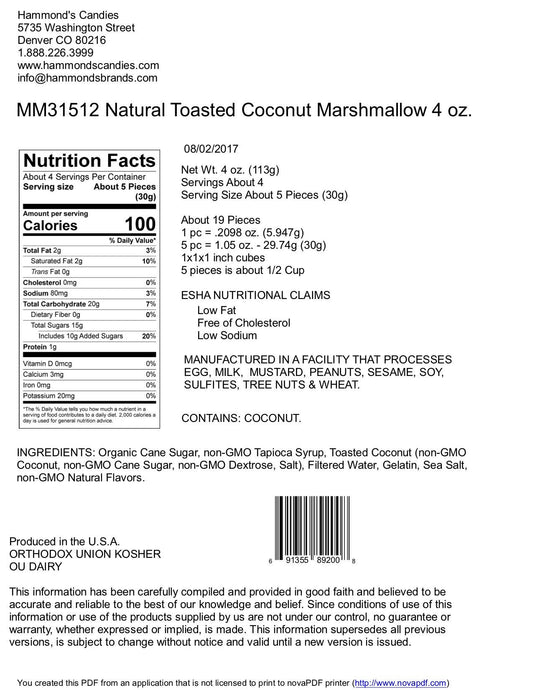 Handmade All-Natural Marshmallows - Toasted Coconut -4oz Bag