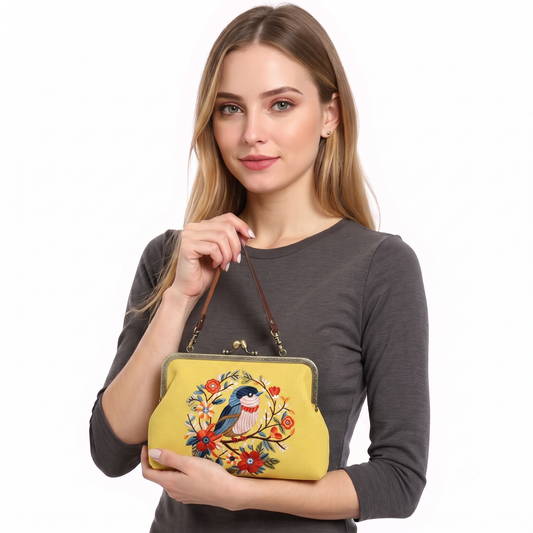 COMECO INC - Cute Bird Kiss Lock Bag In Linen Blend