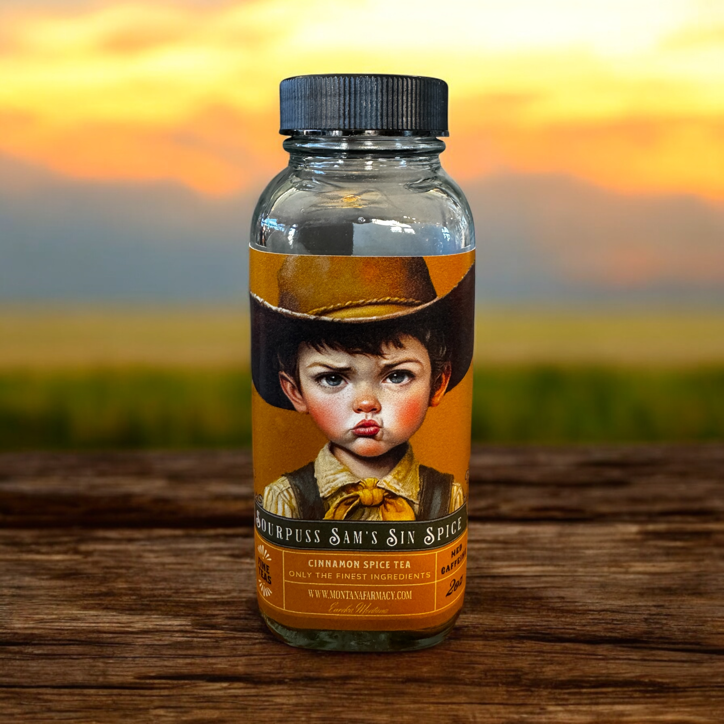 Sourpuss Sam cowboy pouty Tea Cinnamon Spice IN glass jar