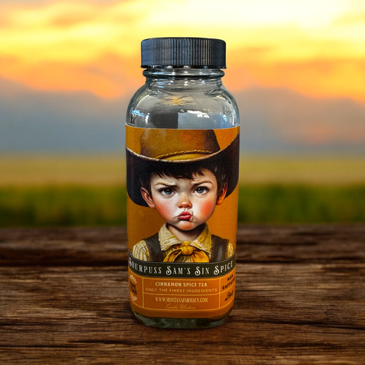 Sourpuss Sam cowboy pouty Tea Cinnamon Spice IN glass jar