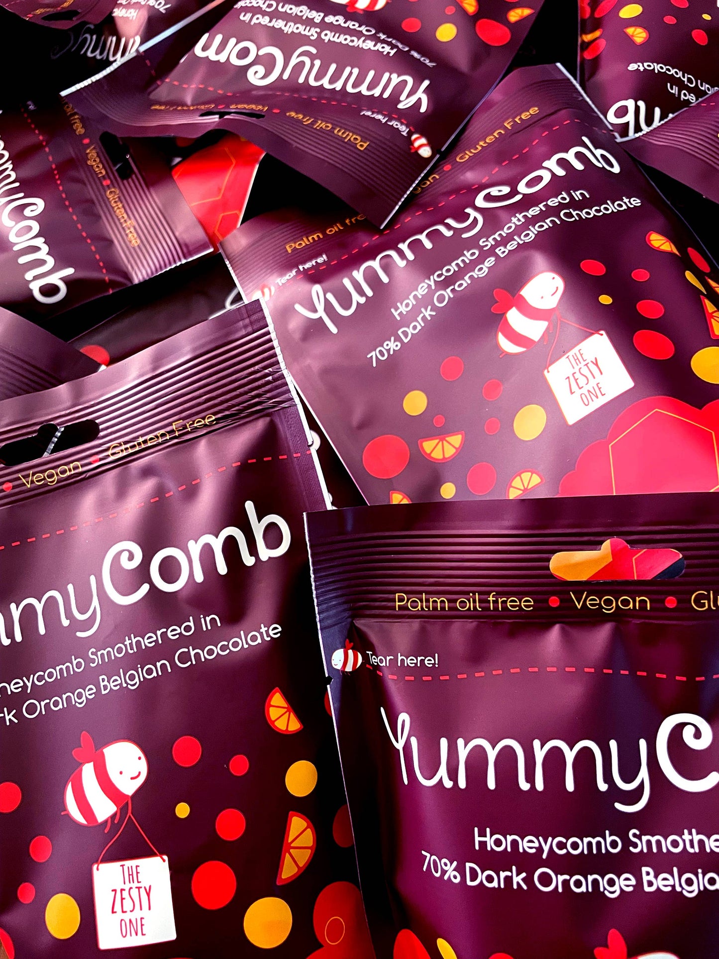 70% Dark Orange Belgian Chocolate Honeycomb pouches 100g