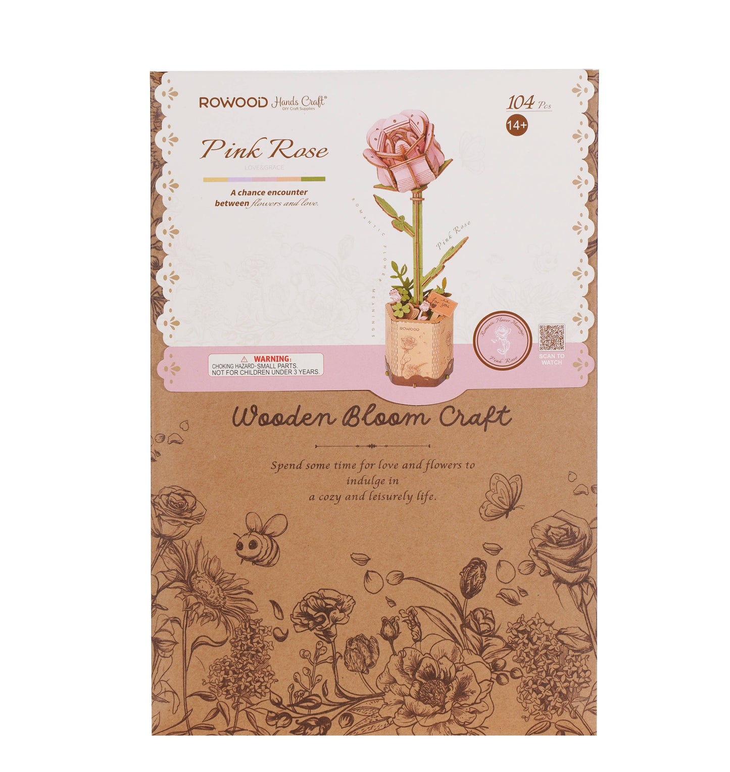 3D Wooden Flower Puzzle: Pink Rose